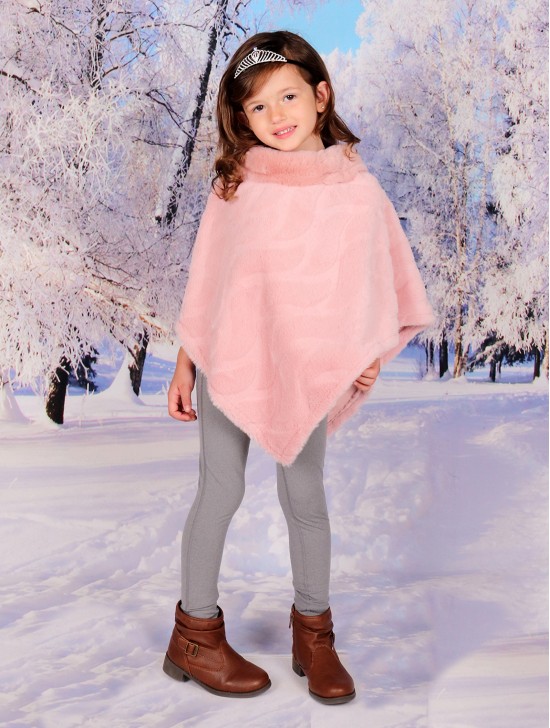 Kids Soft Faux Fur Poncho W/  Wave Pattern and Faux Fur Neckline (3-7 Years Old) 